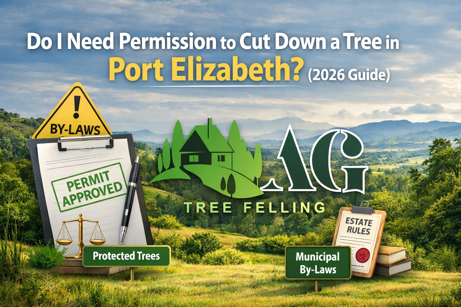 AG Tree Felling logo with a permit‑approved clipboard and Eastern Cape landscape, illustrating municipal tree removal rules and protected tree compliance for Port Elizabeth homeowners.