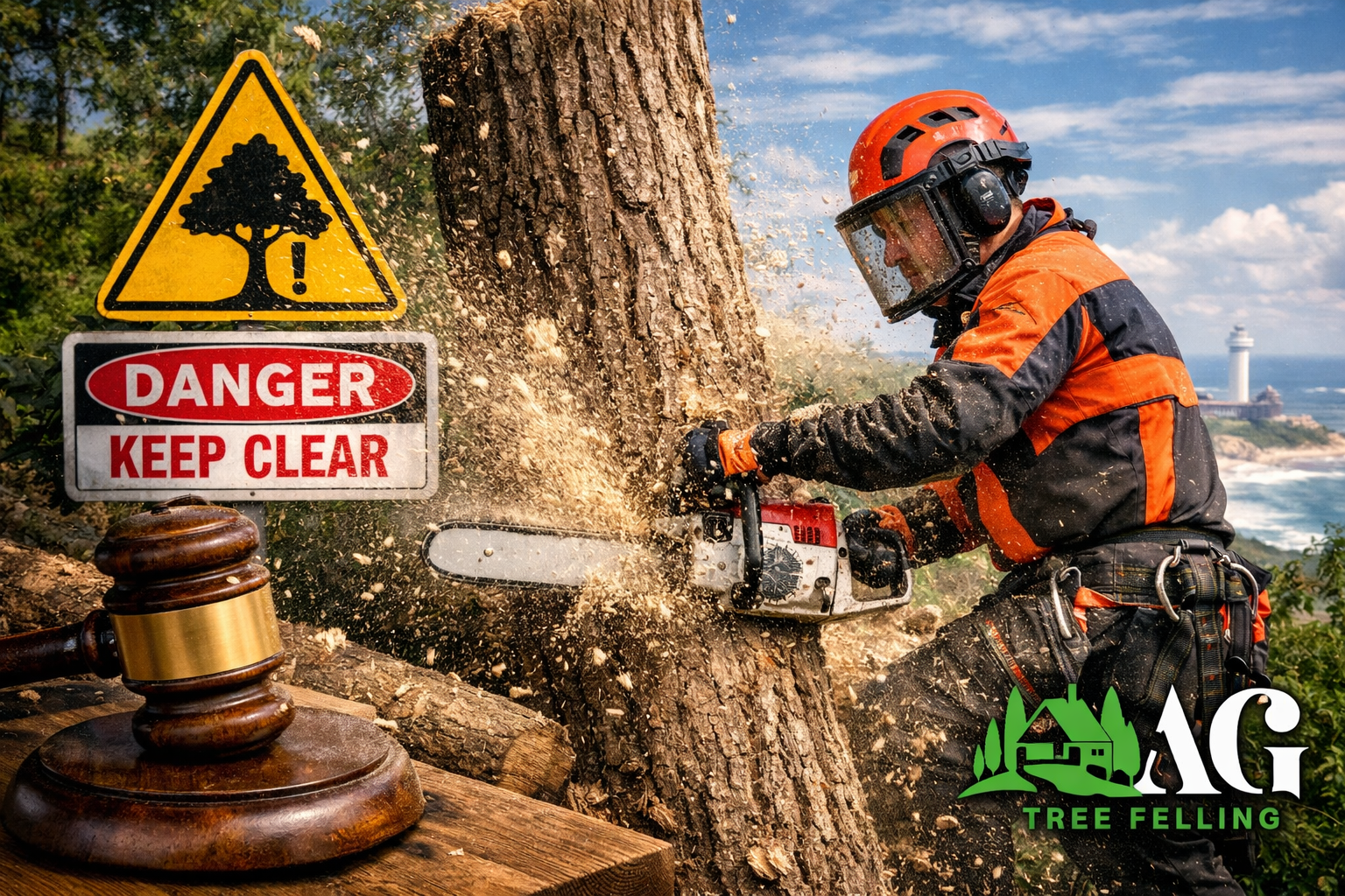 Arborist in orange safety gear cutting a large tree with a chainsaw, sawdust flying, danger signs visible, AG Tree Felling logo bottom right.
